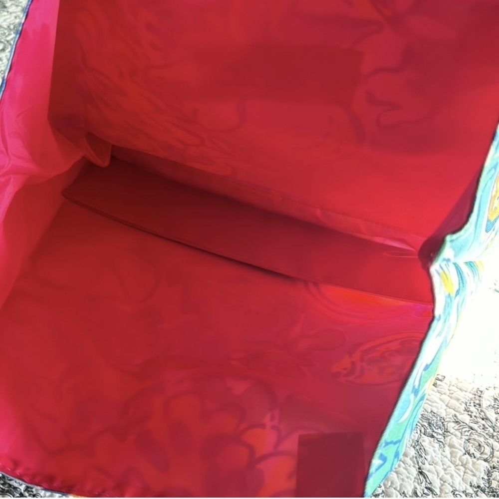 Lilly Pulitzer Blue Floral Tote Bag with Orange Handles - Picture 5 of 6